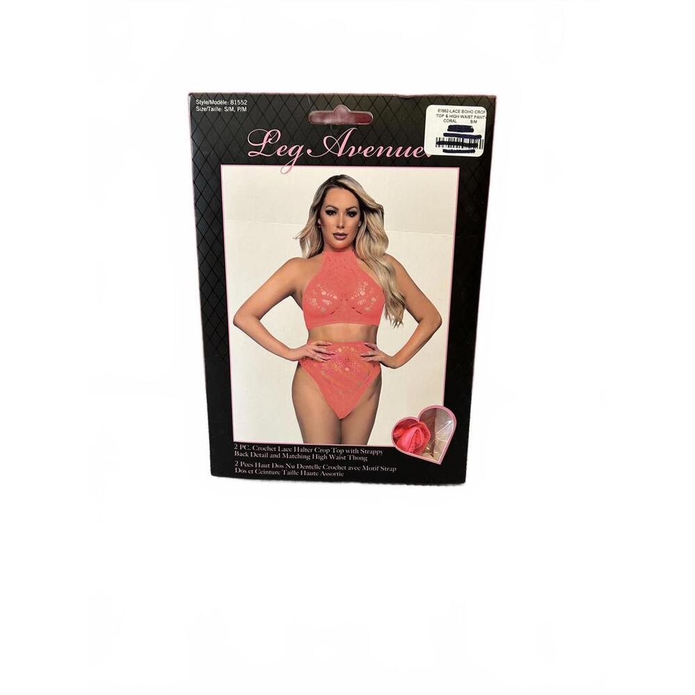 Leg Avenue Coral Crochet Lace‎ Halter Top & High Waist Thong Set S/M